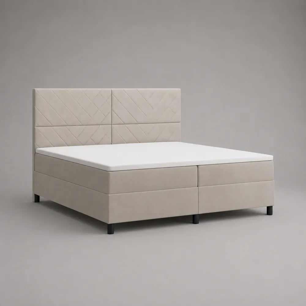 Letto matrimoniale imbottito in tessuto beige con testiera trapuntata e rete a doghe 160x200 cm