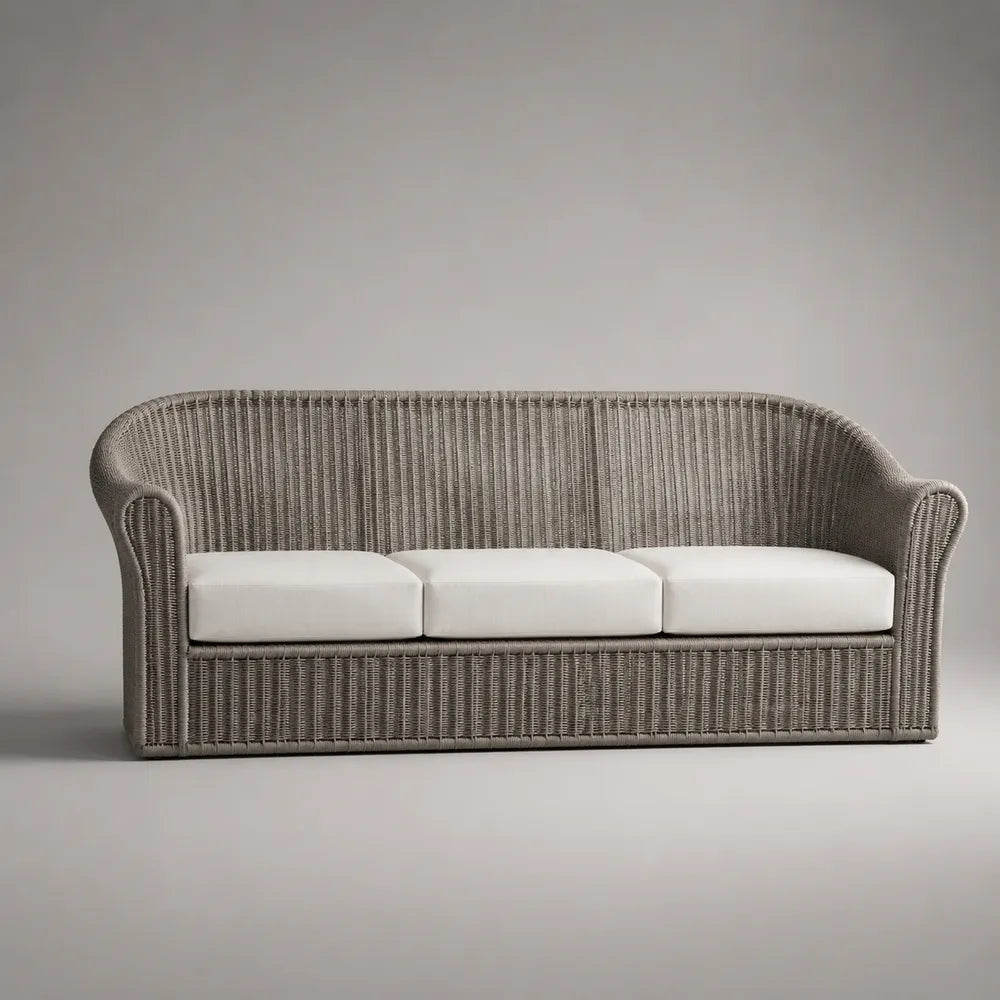 Divano da giardino in rattan sintetico grigio con cuscini beige 220x80x75 cm