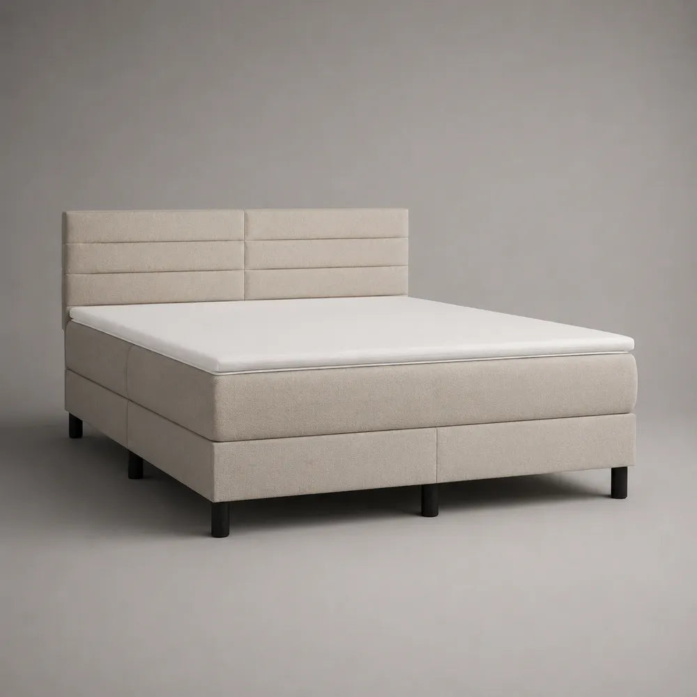 Letto matrimoniale imbottito beige con testiera a pannelli e struttura in tessuto poliestere 160 x 200 cm