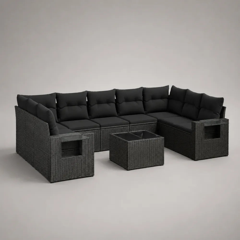 Set divano da giardino angolare modulare in rattan sintetico nero con cuscini neri e tavolino 245x245x68 cm