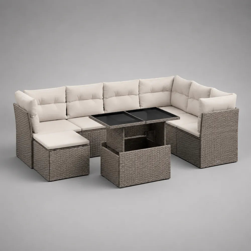 Set divano da giardino modulare angolare in rattan sintetico beige con cuscini grigio e tavolino 350x260x75 cm