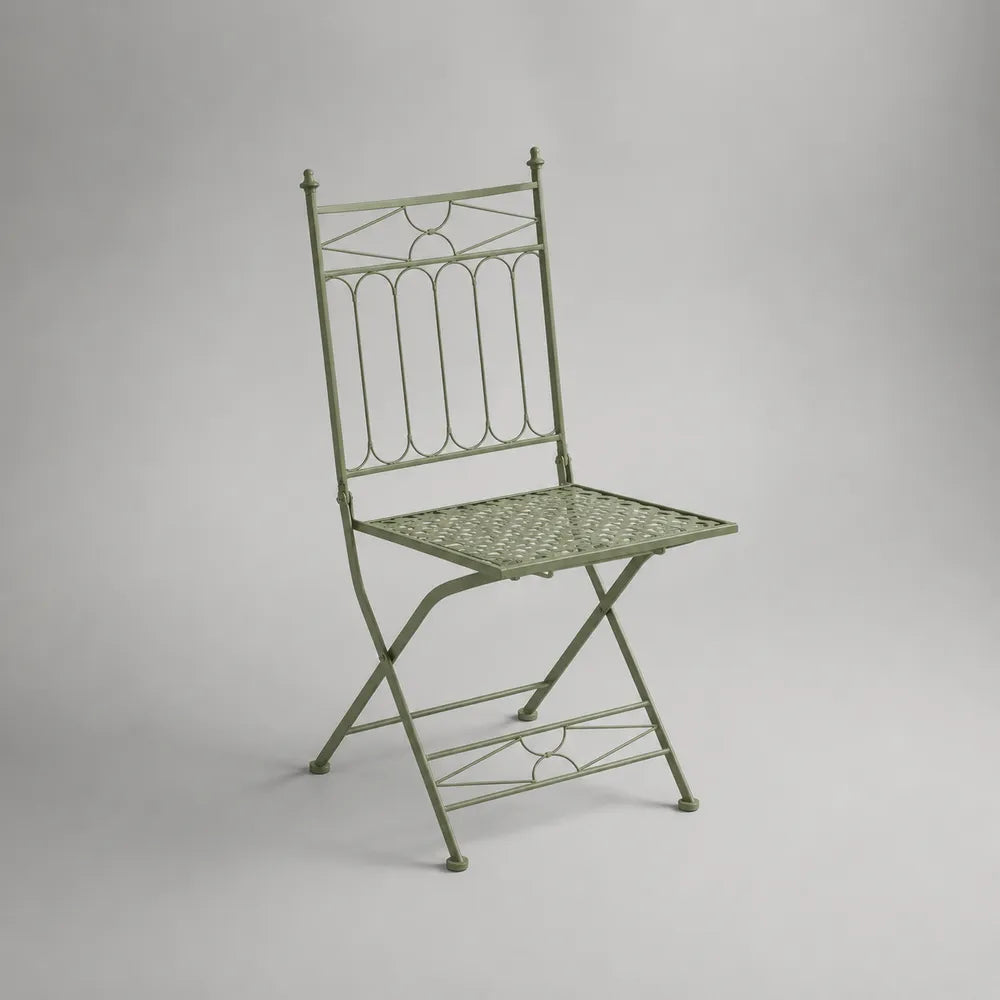 Sedia da giardino pieghevole in acciaio verniciato verde con seduta traforata e schienale decorativo 45 x 55 x 95 cm