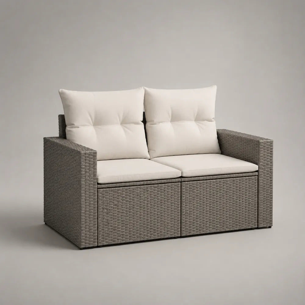 Divano da giardino 2 posti in rattan sintetico con cuscini in tessuto poliestere grigio e beige rettangolare 150 x 75 x 70 cm