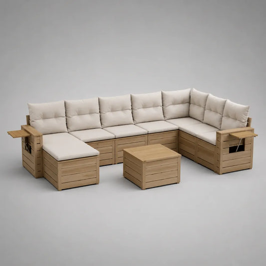 Set divano da giardino angolare modulare con tavolino in legno di acacia e cuscini beige 300 x 220 x 70 cm