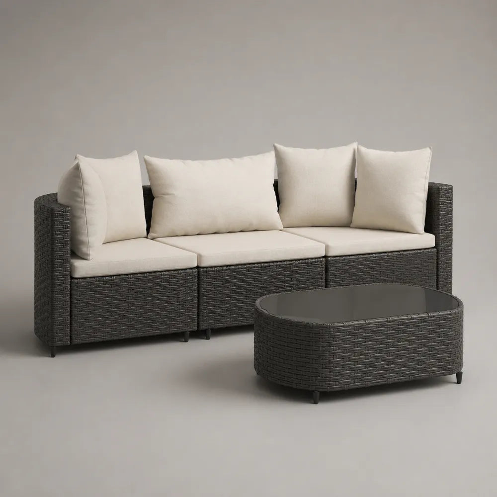 Set divano da giardino in rattan sintetico grigio con tavolino e cuscini beige 250x75x70 cm