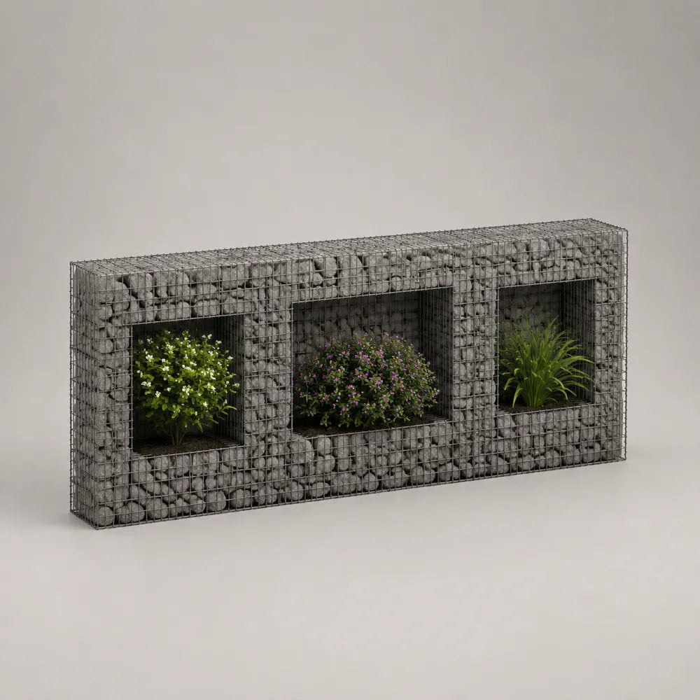 Fioriera da giardino a gabbione rettangolare in acciaio zincato con pietre grigie 180 x 40 x 60 cm