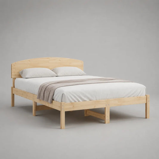 Letto matrimoniale in legno massello naturale con testiera curva e rete a doghe 160x200 cm