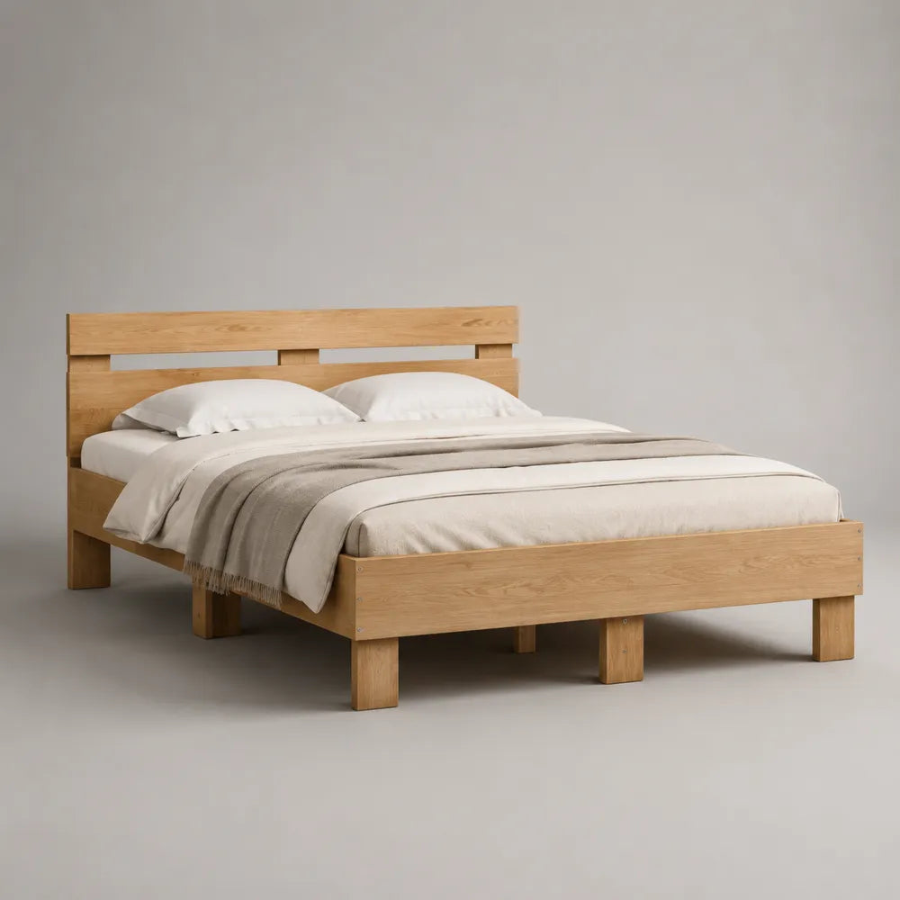 Letto matrimoniale in legno con testiera lineare e struttura rettangolare colore naturale 160 x 200 cm