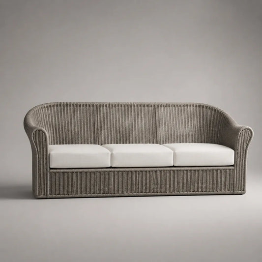 Divano da giardino in rattan sintetico grigio con cuscini beige 220x80x75 cm