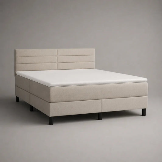 Letto matrimoniale imbottito beige con testiera a pannelli e struttura in tessuto poliestere 160 x 200 cm