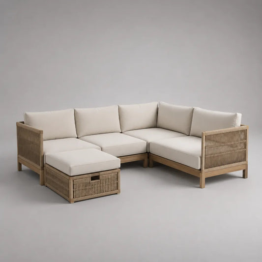Divano da giardino angolare 6 posti in rattan sintetico beige con cuscini struttura modulare a L 280 x 220 x 75 cm