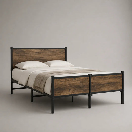 Letto matrimoniale in metallo nero con pannelli effetto legno marrone testiera e pediera 160 x 200 cm