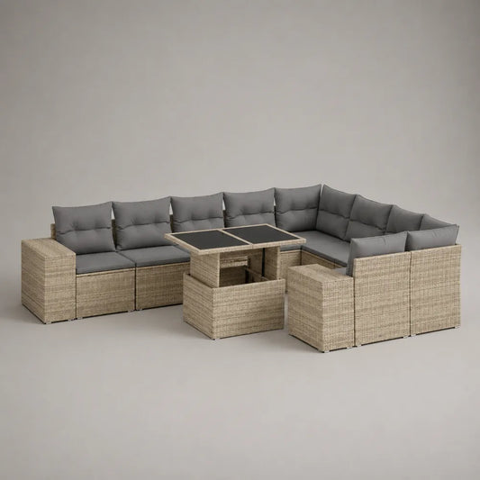 Set divano da giardino modulare angolare in rattan sintetico beige con cuscini grigio e tavolino 350x260x75 cm