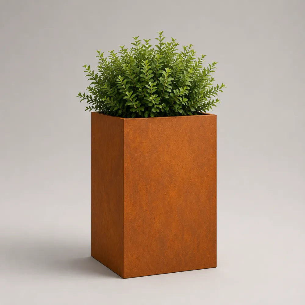 Vaso da giardino in acciaio corten rettangolare color ruggine 50 x 50 x 60 cm