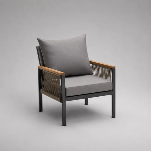 Poltrona da giardino imbottita in tessuto poliestere con struttura in acciaio verniciato grigio nero rettangolare 75 x 80 x 85 cm