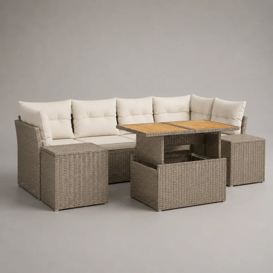 Set divano da giardino angolare 7 pezzi in rattan sintetico con tavolo contenitore effetto legno e cuscini tessuto poliestere beige 300 x 200 x 70 cm