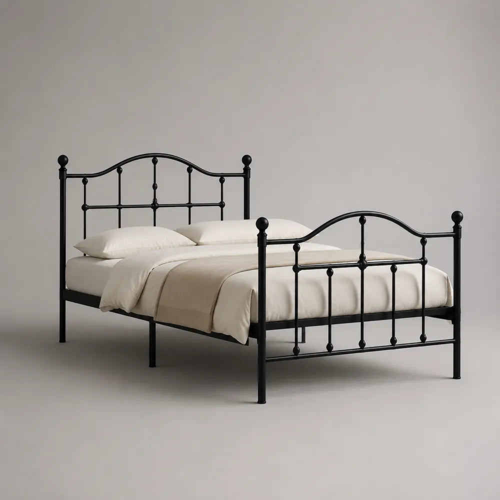 Letto matrimoniale in acciaio verniciato nero con testiera e pediera a barre 160 x 200 cm