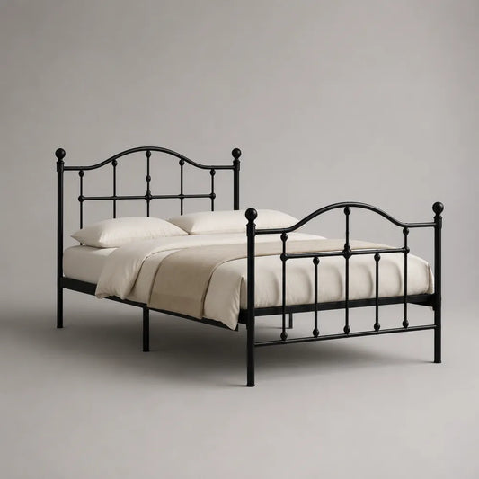 Letto matrimoniale in acciaio verniciato nero con testiera e pediera a barre 160 x 200 cm