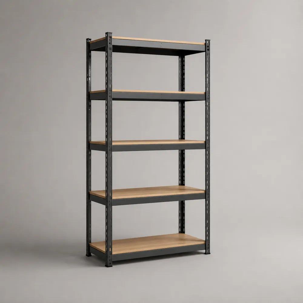 Scaffale da terra in acciaio nero con 5 ripiani MDF effetto rovere chiaro struttura rettangolare 90 x 40 x 180 cm