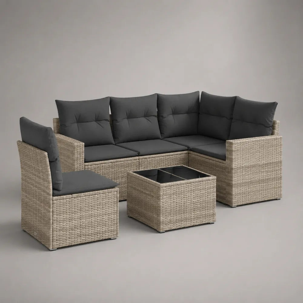 Set divano da giardino angolare modulare con tavolino in rattan sintetico e cuscini grigio antracite 270 x 210 x 68 cm