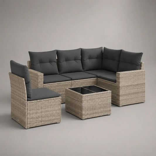 Set divano da giardino angolare modulare con tavolino in rattan sintetico e cuscini grigio antracite 270 x 210 x 68 cm