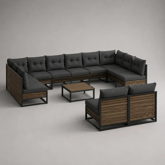Set divano da giardino modulare a U in alluminio e legno composito con cuscini grigio antracite e tavolino 330x330x70 cm